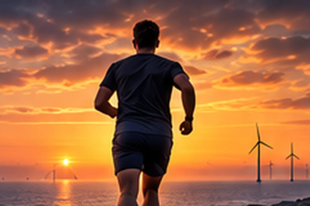 A runner heading towards the sunset beside an offshore wind farm