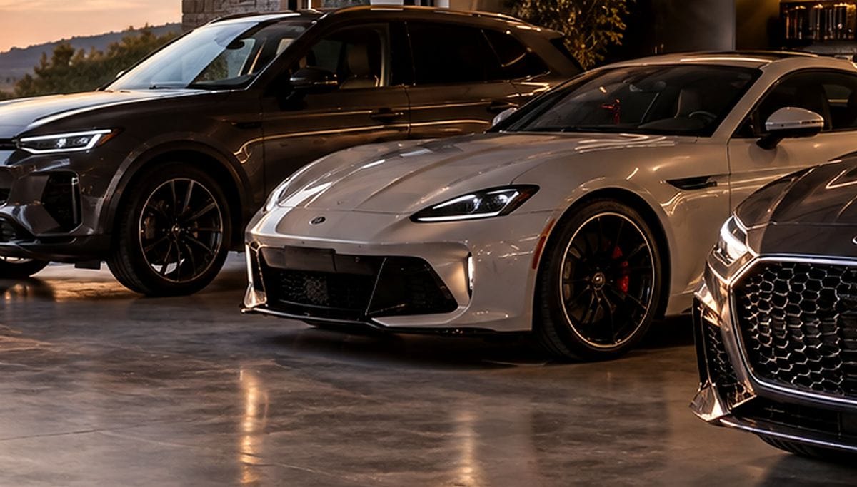 Cars parked in a garage at sunset
