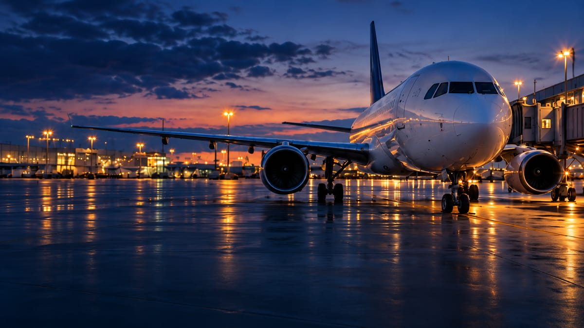 An aircraft at an airport gate at dusk