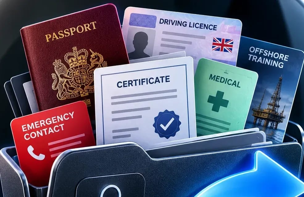 A passport, driving licence, certificate and medical card together, representing certificates and documents kept ready to send