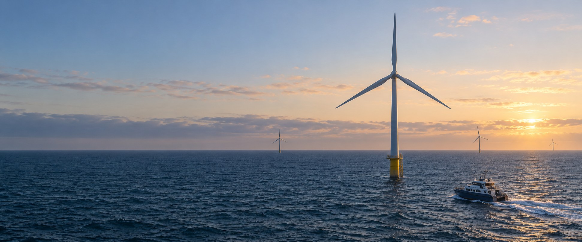 An offshore wind turbine at sunrise with a crew transfer vessel alongside